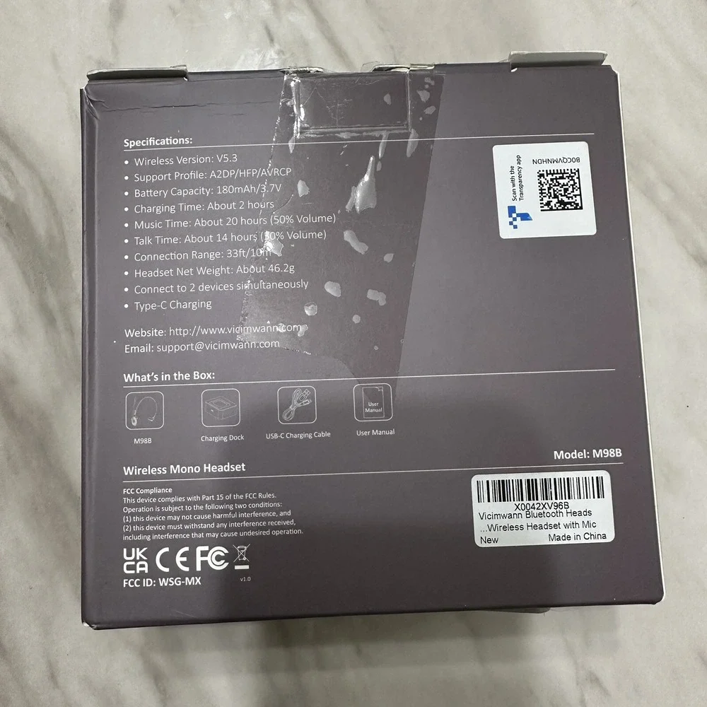 Vicimwann Wireless Mono Headset With Built In Microphone Model M98B NEW OPEN BOX